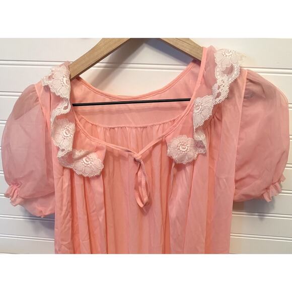 Vintage Pink Lady pink peignoir robe Lace dressing gown robe M - Picture 5 of 8